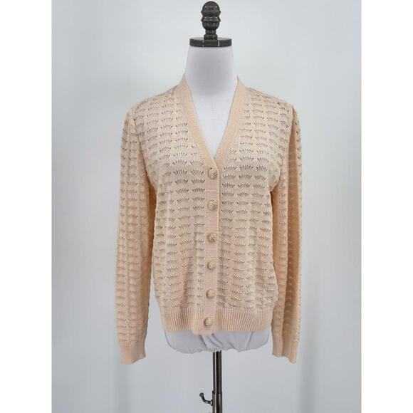 St. John Ivory Crochet Gold Enamel Logo Button Cardigan Sweater Sz S - Picture 1 of 5